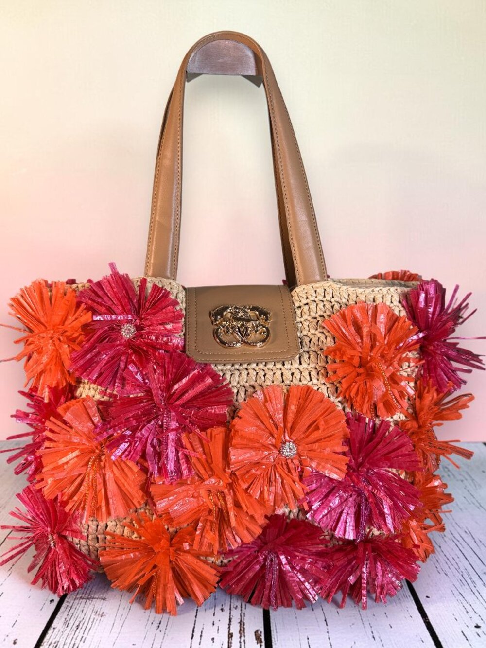 Sharif Woven Raffia 3D Floral Appliquรฉ Large Shoulder Crossbody Tote SAMPLE Bag - Picture 2 of 15